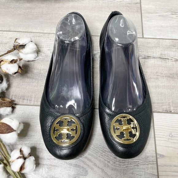 Tory Burch Selma Leather Turn Lock Logo Ballet Flats Black Gold Size 11M